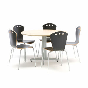 Jedálenská zostava: 1 stôl Ø1100 mm, breza + 5 stoličiek, čierna