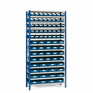 Regál MIX s 76 modrými plastovými boxami REACH, 2100x1000x300 mm