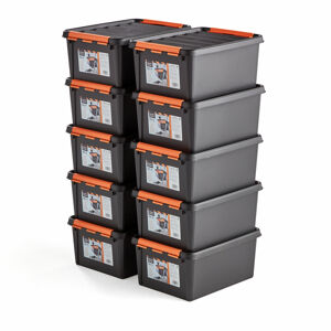 Plastové boxy s vekom NOLAN, 14 L, 10 ks, 400x300x190 mm, čierne