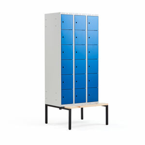 Šatňová skrinka CLASSIC, s lavičkou, 3 sekcie, 18 priehradiek, 2120x900x550 mm, modrá