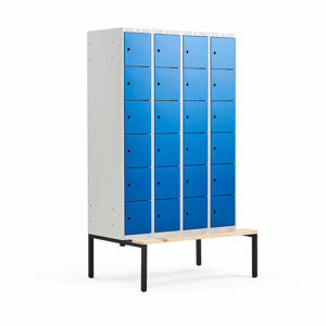 Šatňová skrinka CLASSIC, s lavičkou, 4 sekcie, 24 priehradiek, 2120x1200x550 mm, modrá