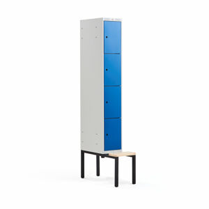 Šatňová skrinka CLASSIC, s lavičkou, 1 sekcia, 4 priehradky, 2120x300x550 mm, modrá