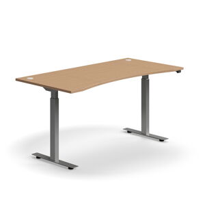 Výškovo nastaviteľný stôl FLEXUS, s výrezom, 1600x800 mm, strieborný rám, buk